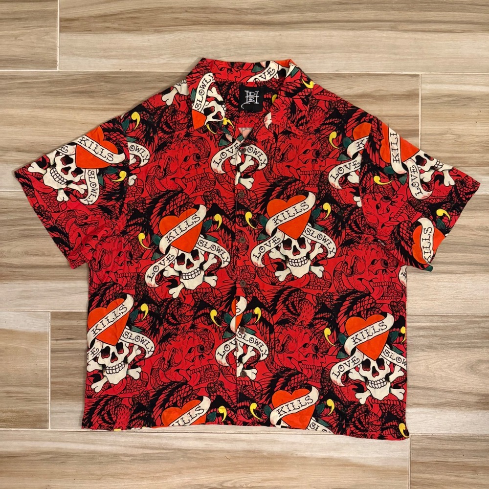 Ed Hardy Mens Love Kills Slowly Tattoo Print Shirt Red Viscose EHM1201-3 Large